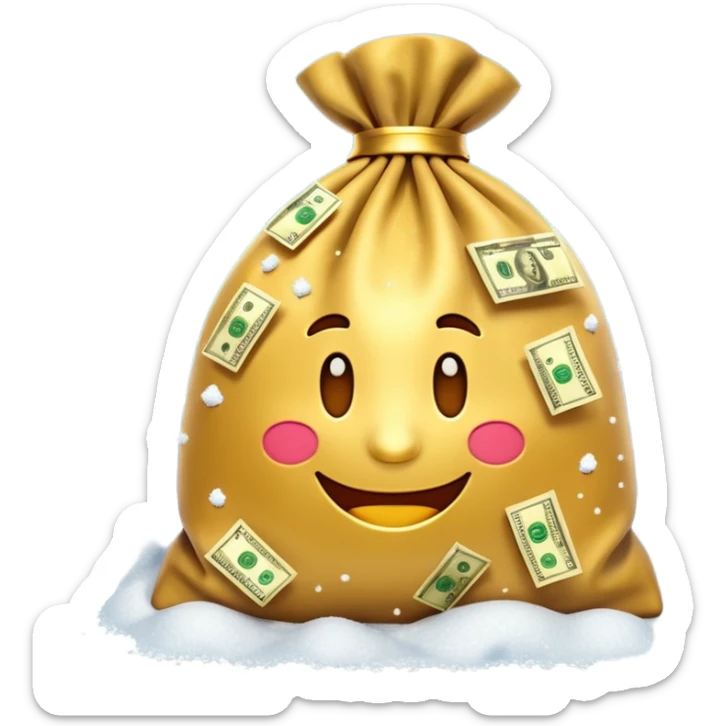 3D emoji style, money bag with dollar bills, New Year theme, snow particles, festive lighting, rich vibe, high detail, transparent background

 sticker