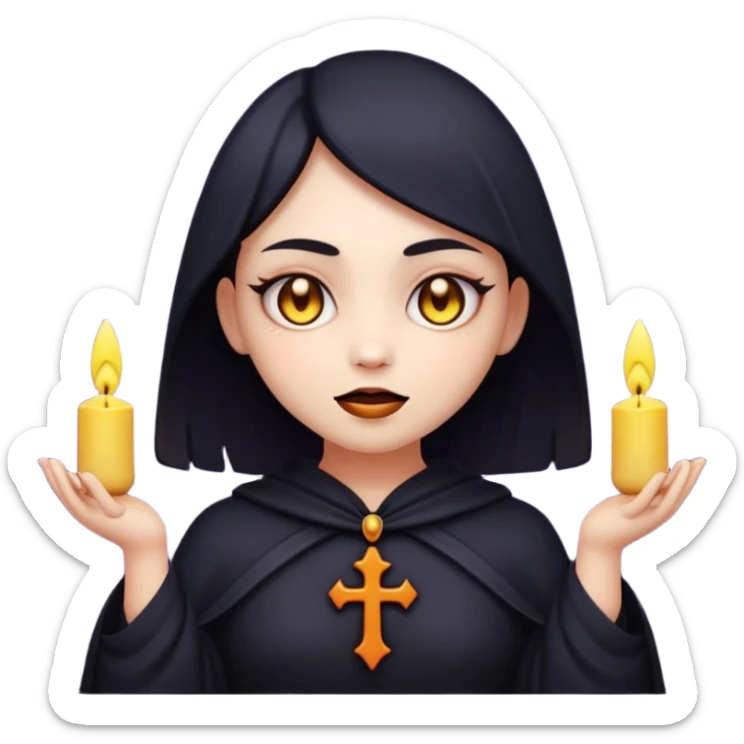 Stylized cult cartoon girl emoji, eerie-cute aesthetic, symmetrical design, subtle spooky vibe, glowing eyes, chanting “AMILK”, bold graphic icon sticker