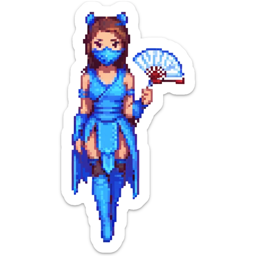 Kitana from Mortal Kombat 3, female character in blue with mask and fans, pixel art style sticker