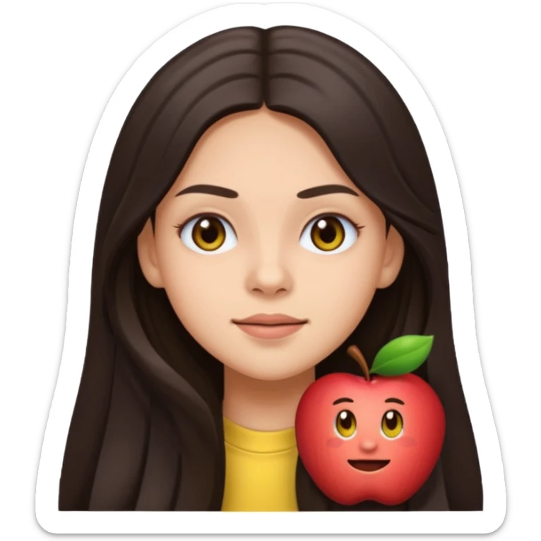 Olivia Rodrigo emoji with long dark hair, expressive eyes, youthful pop star vibe, simple apple-style emoji sticker