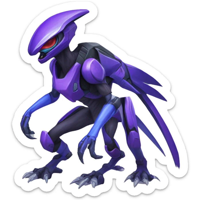 a black-blue-purple Genesect-Raptor-Fakémon—hybrid with a futuristic visor-helmet full body sticker