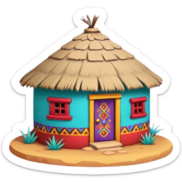 African mud hut tribal house, round adobe clay hut, thatched roof, bright colorful paint, walls in turquoise, red, yellow, purple, tribal patterns, cute mobile game icon, 3D cartoon, soft shadows, clean background, no text, no watermark sticker
