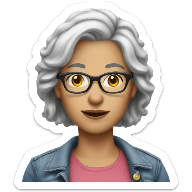 female white teacher grey hair with glasses wearing jeans and a jean jacket sticker