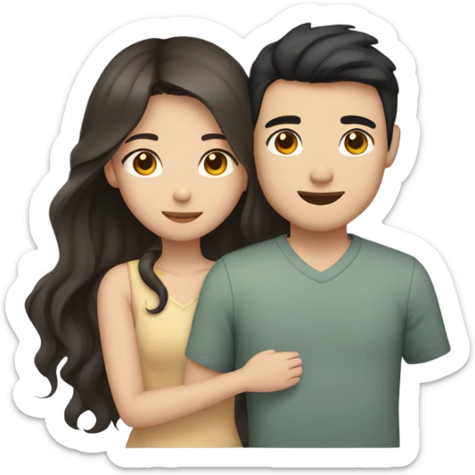 A cute Asian couple hugging each other very tight. The girl has long dark wavy hair and pale skin and dark hazel eyes, the Man has short dark straight hair and bright amber eyes and is pale sticker