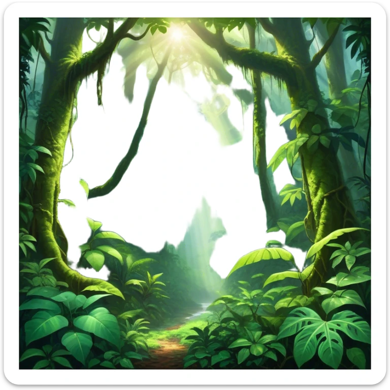 Cinematic Realistic Rainforest Emoji in a wooden frame, Lush and vibrant, filled with towering trees, thick vines, and dense green foliage, sunlight filtering through the canopy above, creating dappled patches of light on the rich, diverse undergrowth. The air is heavy with moisture, with mist rising from the forest floor and distant calls of exotic birds and animals echoing through the trees. Soft glowing outline, capturing the essence of a thriving, untamed tropical paradise filled with life! sticker