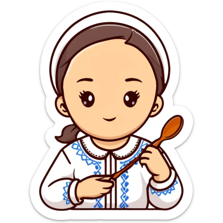 Ukrainian young girl in a white embroidered traditional shirt holding cooking tools like spoon and ladle sticker