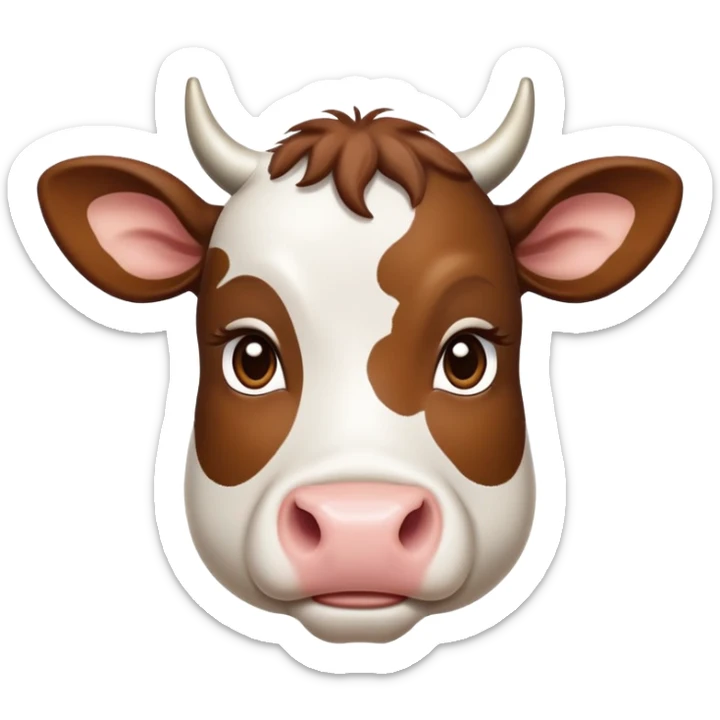 cinematic-noble-brown-and-white-cow calf-portrait-emoji,-poised-and-regal,-with-a-large,-sturdy-build-and-a-beautifully-patterned-hide-of-rich-brown-accented-by-crisp-white-patches,-deep-set-soulful-brown-eyes,-simplified-yet-sharp-and-sophisticated sticker