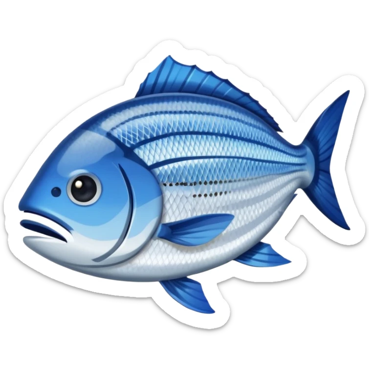 Fish dishes avatar in bright emoji-style illustration. Grilled fish, fillets, and seafood, blue and silver tones, simple shapes, flat design, fresh and flavorful. sticker