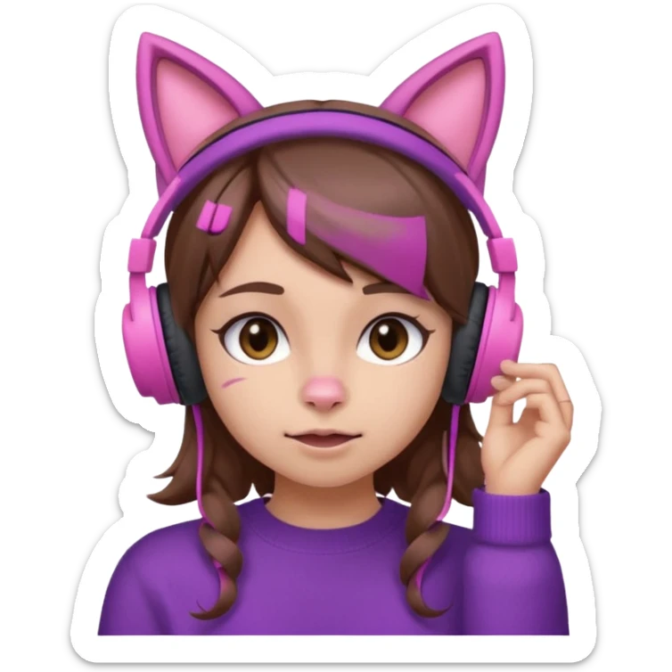 une fille avec des écouteurs de chat rose et des cheveux brun qui fais une grimasse chandaille mauve sticker