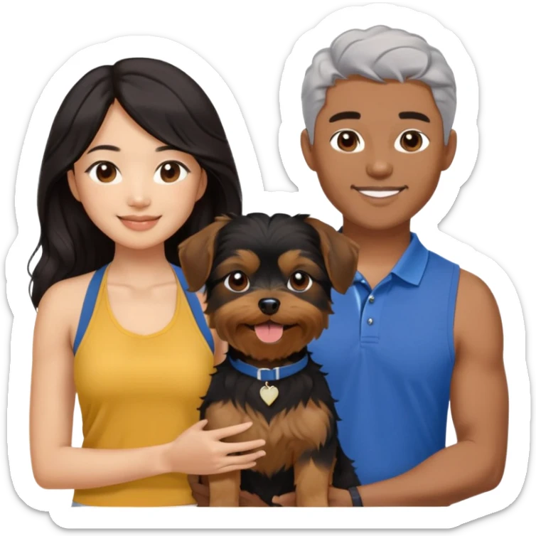 A pretty Asian girl with long, luscious wavy black hair (loose, no hair tie), wearing a sleeveless halter top. She is standing beside a brown-skinned man with a middle part haircut, who is wearing a polo shirt. They are both smiling and holding a small Yorkshire Terrier together. sticker
