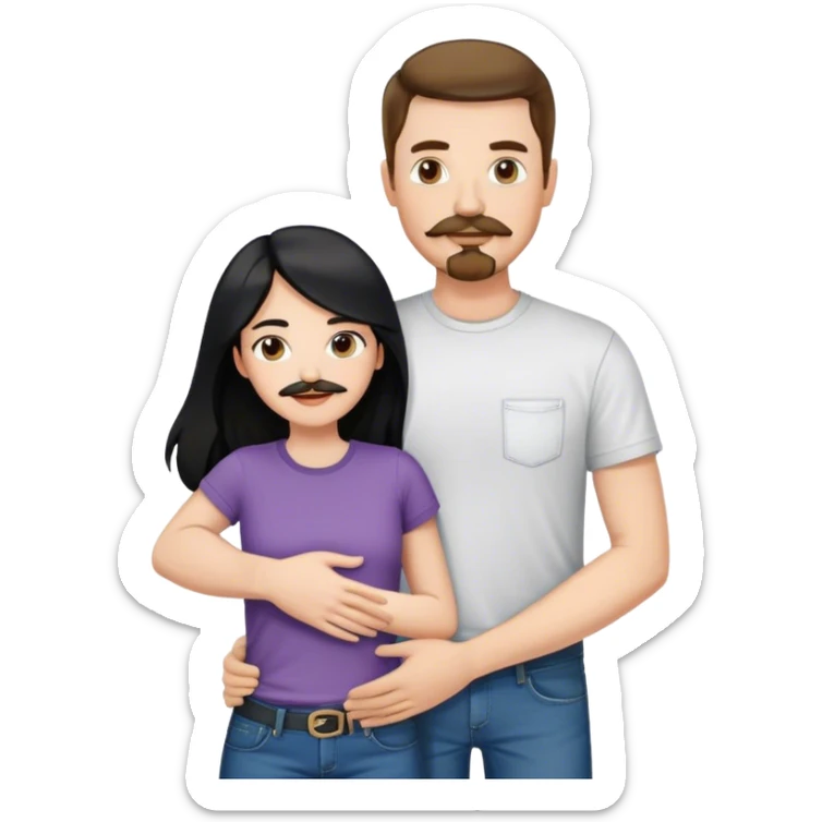 tall white man with brown hair goatee mustache wearing t-shirt and jeans hugging a shorter white woman with long black hair sticker