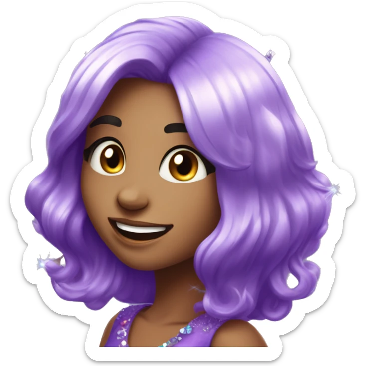 one girl with purple diamond hair made from purple crystals or diamonds or jewels, she is feeling happy and elated and excited, make her hair shiny with prisms and angles and edges, now make her hair crystallized, make her hair only crystals no real hair sticker