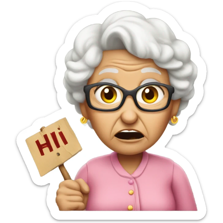 Angry grandma holding a sign that says “Hi Urrolba” sticker