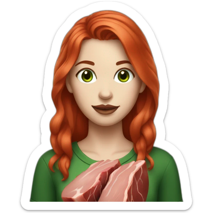 vegan woman white skin red hair green eyes holding meat sticker