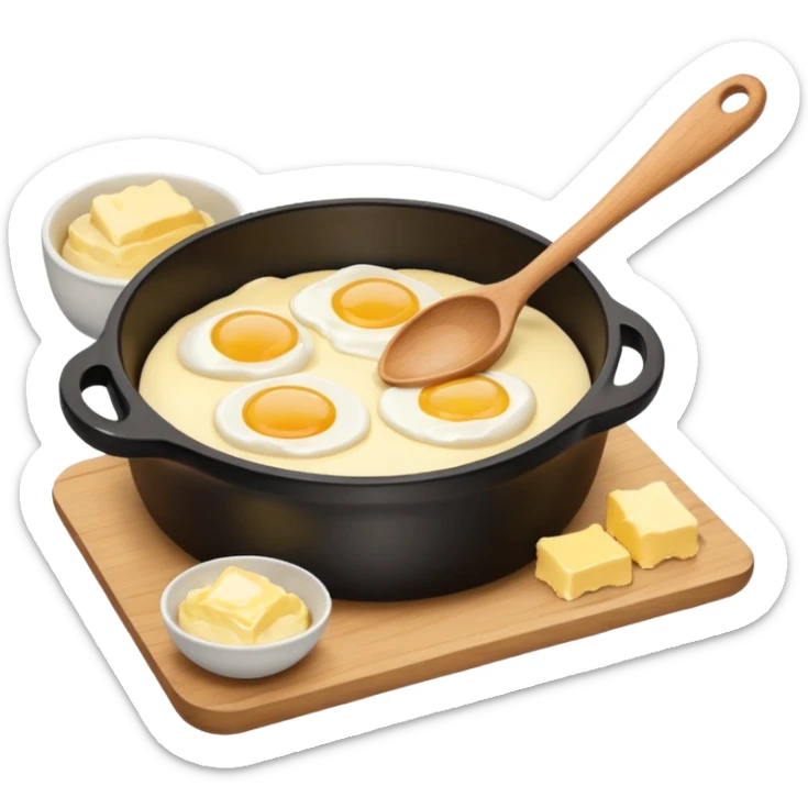 A carton of eggs, butter and a cream ceramic baking bowl with a wooden spoon in it sticker