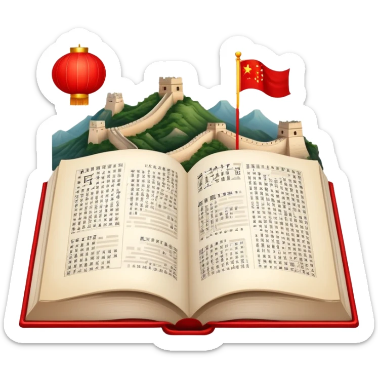 An icon featuring the Great Wall of China and the flag of China, symbolizing the Chinese language. The design includes an open book with Chinese characters and a red lantern, representing language learning and rich cultural tradition. Transparent background highlights the depth of Chinese heritage. sticker