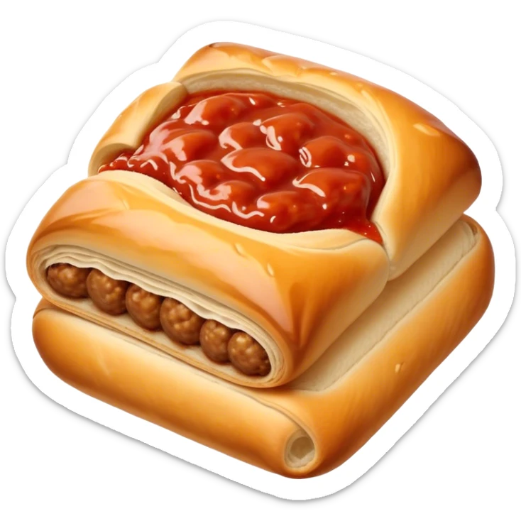 cinematic-realistic-sausage-roll-dish-emoji, with a squeeze of tomatoe sauce on top sticker