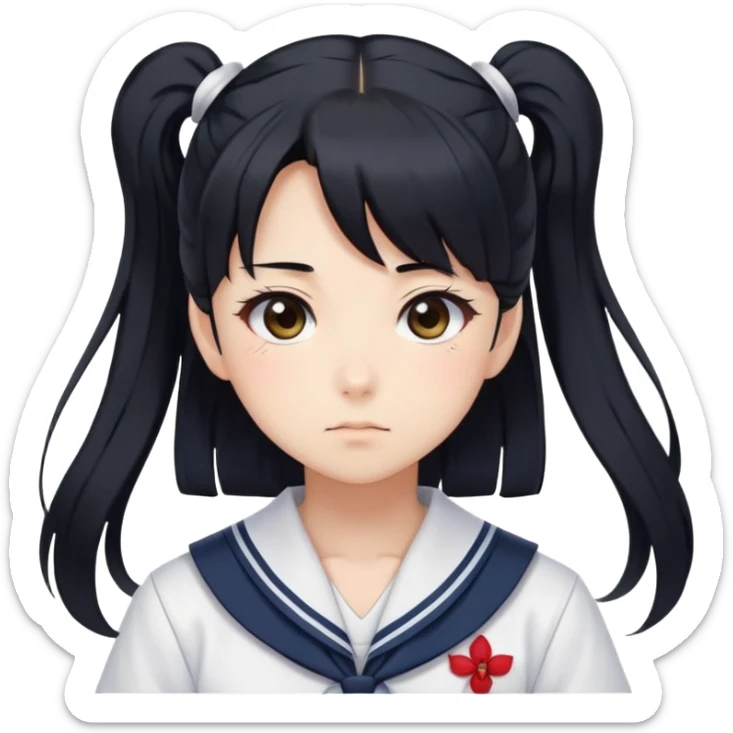 Serious anime girl with long black hair in high ponytail wearing Japanese sailor style school uniform, stern expression, kawaii style sticker