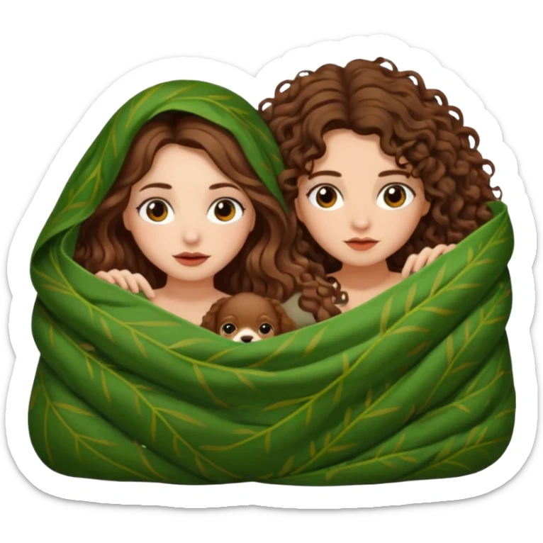 fake sleep pose — long wavy brown hair tattooed woman and short tight curly brown hair woman — peeking under leaf blanket sticker