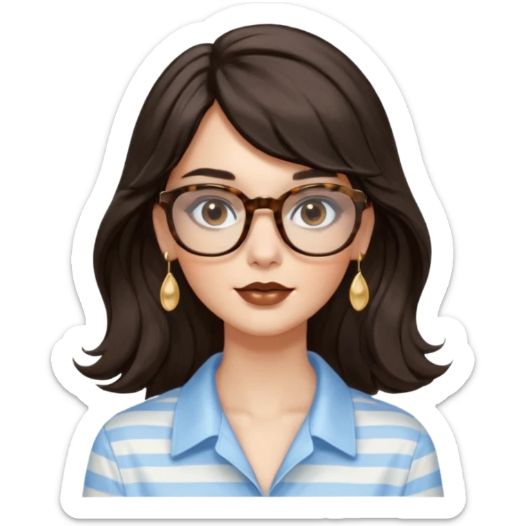 An emoji featuring a woman with long wavy dark brown hair and a whispy bang, wearing thick tortoise SQUARE glasses, gold drop earrings. She has long lashes and a nude browny glossy lipstick. She's wearing an oversize light blue shirt with white vertical strips. sticker