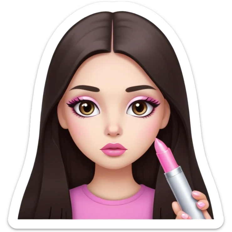 girl with lighter skin, dark brown long straight hair, pouty shiny lips with pink lip gloss, large eyes with eyelashes, pink blush on cheeks, inner eye highlighted with white eyeliner, lighter button nose, long oval-shaped face sticker