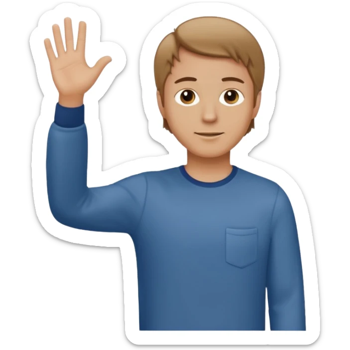 A white man in casual clothes, standing, waving his hand, with light brown hair sticker