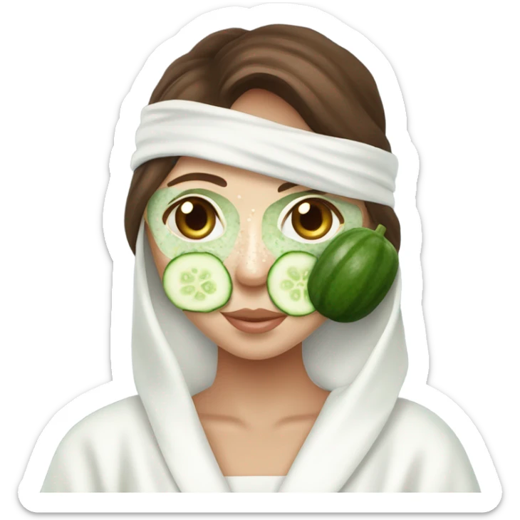 Girl with freackles Brown hair white skin and blue eyes wears Green colored texture skin care mask all over her face while She relaxes and puts two round piece of cucumber on her closed eyes In a white Robe sticker