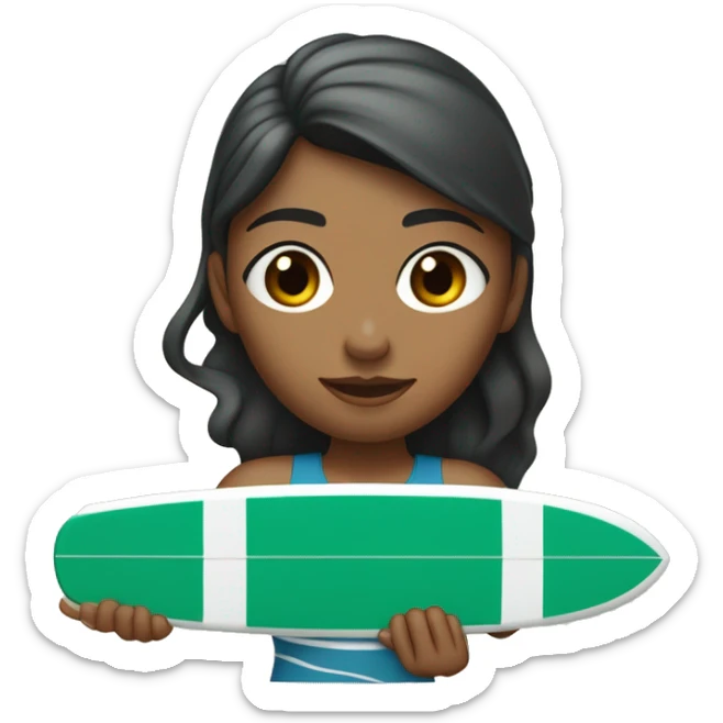 Mujer pelirroja con el pelo lacio recogido en una coleta alta y una diadema deportiva negra, con un remo en la mano encima de una tabla de surf blanca con el nombre Rio en verde agua. sticker