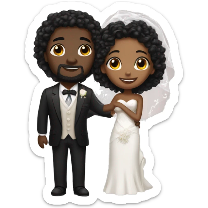 African Bride and Groom. Black long curly hair. Short black haircut. Hugging each other. Eyes closed. sticker