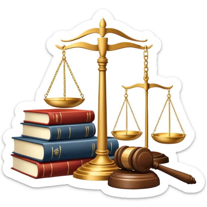An icon featuring a gavel, scales of justice, and legal books, symbolizing law. The design includes a courthouse building in the background, representing the legal system and justice. Transparent background highlights the authority and structure of the law. sticker