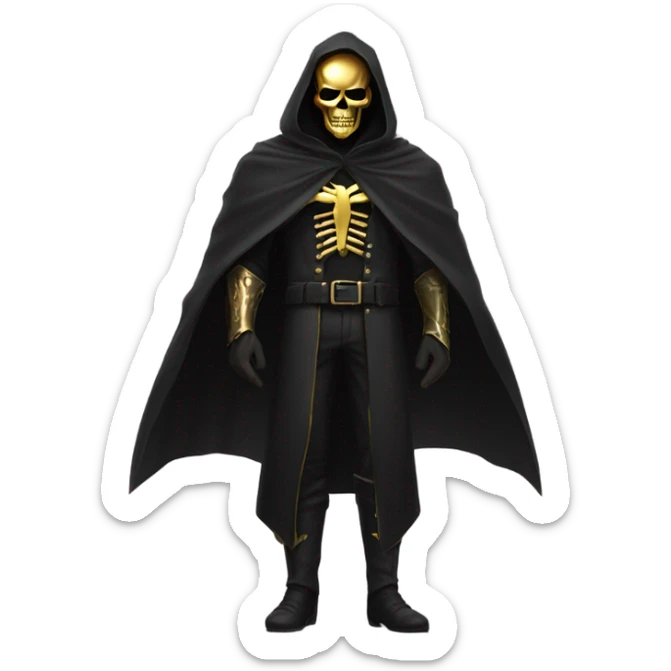 Bounty Hunter Boss with black cape and a gold skull mask from death Stranding, full body view sticker