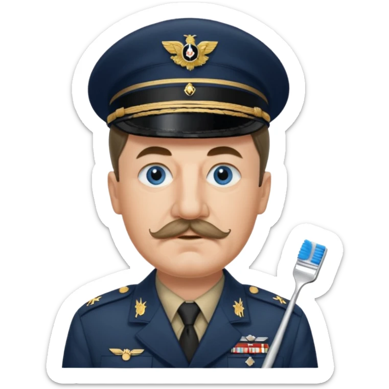 Adolf Hitler had an oval face with fair skin. His eyes were blue and his eyebrows were dark and somewhat bushy. Above his upper lip he wore a small, brush-like mustache, known as a "toothbrush moustache". His sticker