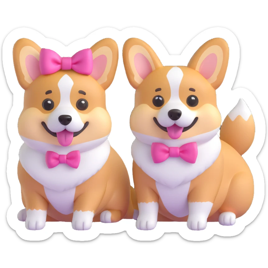 3D emoji style corgi couple, one male corgi and one female corgi with a pink bow, sitting together sticker