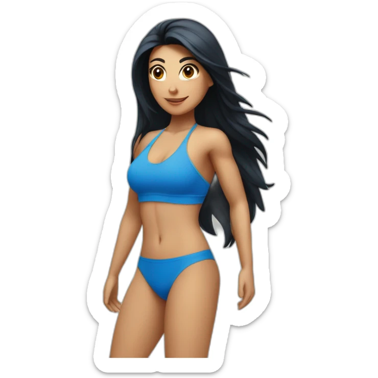 Spanish woman with long black hair, in a blue fitness bikini, with a number 5 circle button p sticker