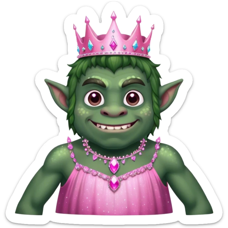 Male ugly dark green forest troll with pink princess dress and sparkles  sticker
