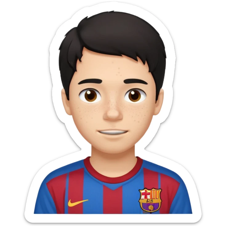 Un chico con pelo liso, desordenado y negro, tiene pecas, brackets, ojos cafés oscuros y con una camisa del Barcelona  sticker