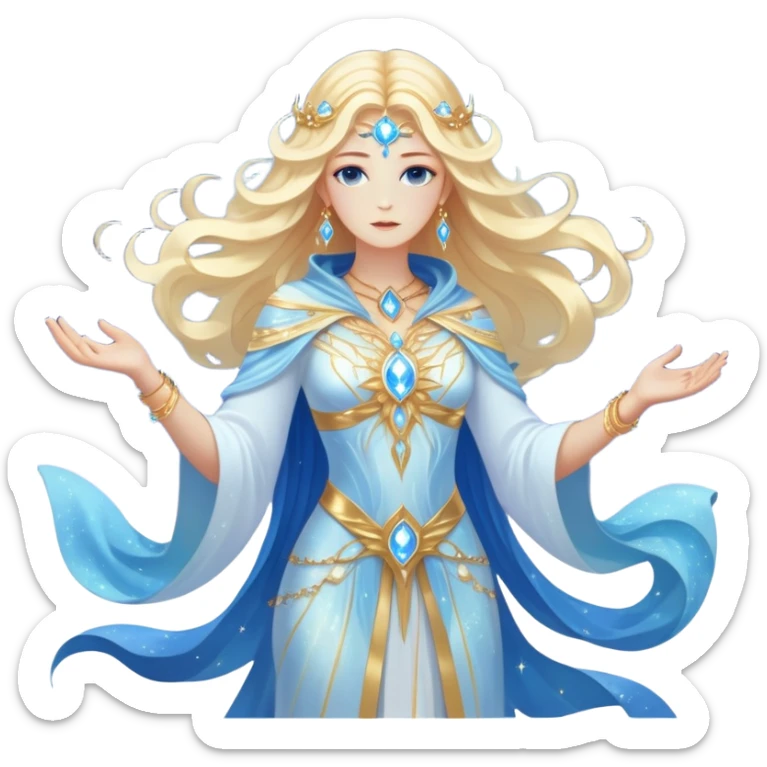 fullbody universe goddess Sophia, Ethereal Light Being, Made of starlight and fractals, Glowing white/gold skin with flowing translucent robes, Hair blue like galaxy mist, Jewelry made of stars and crystals sticker