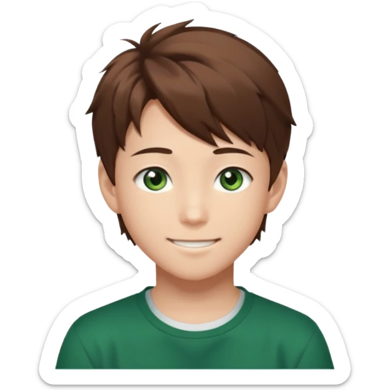 the face of an Anime asian style teen boy with brown hair, green eyes, looking smiling slightly sideways positioned. Face must be main filling of the frame.  128px sticker