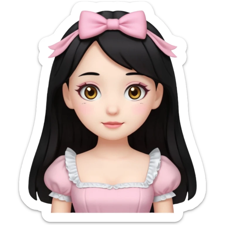 pale girl with medium length black hair, brown eyes, doll-like hime makeup, wearing a light pink hime dress, emoji style, winking sticker
