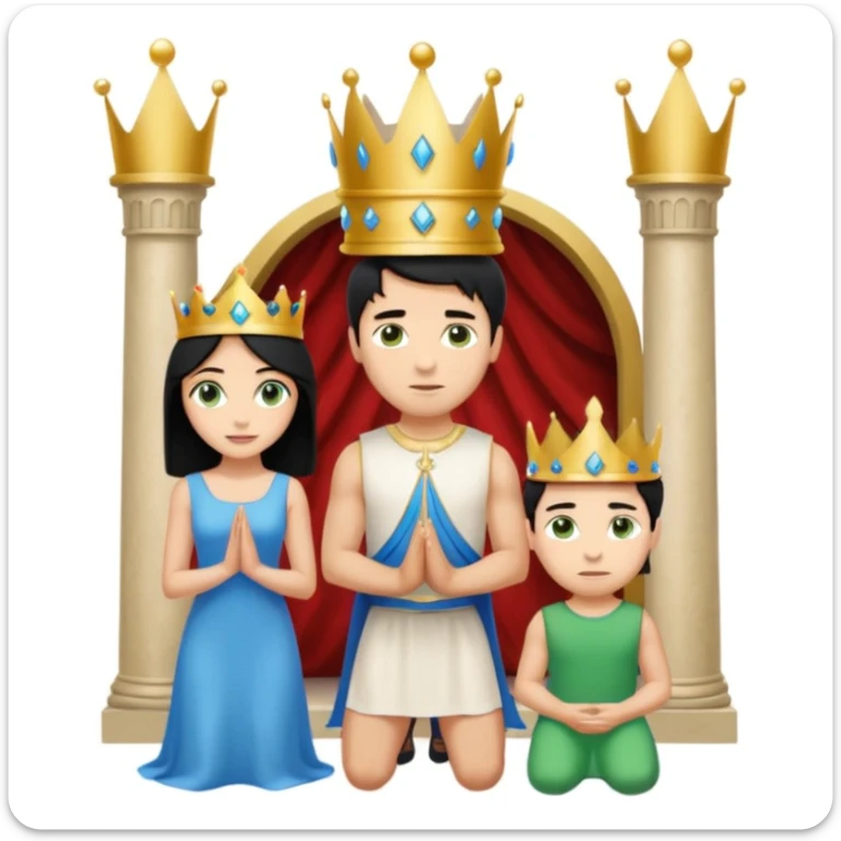 Man as king, standing, black Hair, blue eyes, simple woman, blonde, green eyes, shott white sleveless Dress, kneeling, background palace sticker