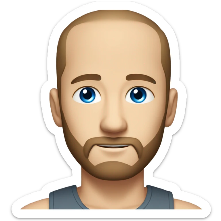 Blue eyed white man with receding hairline and a beard, brownn hair, wearing a tanktop sticker