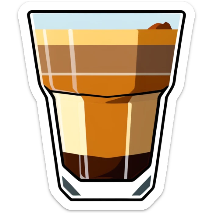 Cortado espresso drink in a small Gibraltar glass, milk and espresso coffee sticker