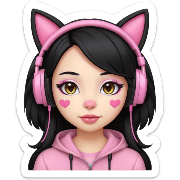 “Emoji girl, pastel pink streaks in thick long black hair hair, bold winged eyeliner, heavy blush on cheeks and nose bridge, under-eye hearts, glossy pink lips, playful smirk and gaming headphones and cat ears.” sticker