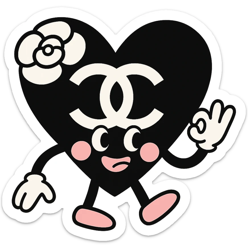 Chanel heart in pastel toon style, soft colors, black and white with a hint of pink, camellia flower accent sticker