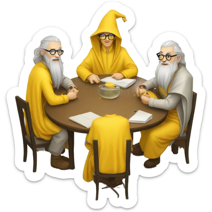 group of gandalfs, round yellow table, yellow clothes, glasses, macbooks sticker