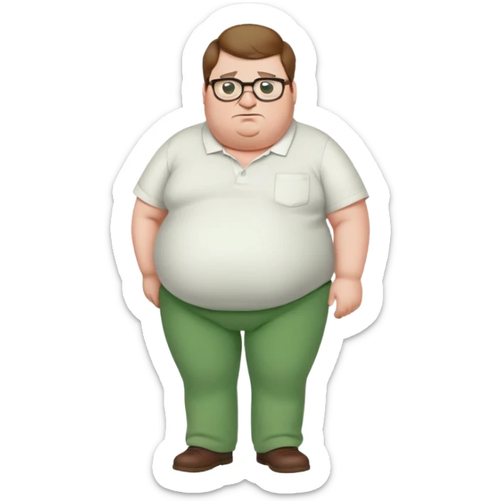 Peter Griffin from Family Guy with a pregnant belly, green pants, white shirt, glasses, and double chin sticker