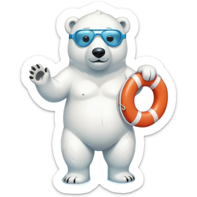 full body friendly anthropomorphised polar bear wearing swim shorts and swim goggles, standing in a puddle, holding a life buoy sticker