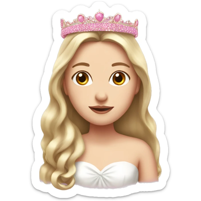 White girl with long hair as a bride wearing pink crown and pink bow on top of a head sticker