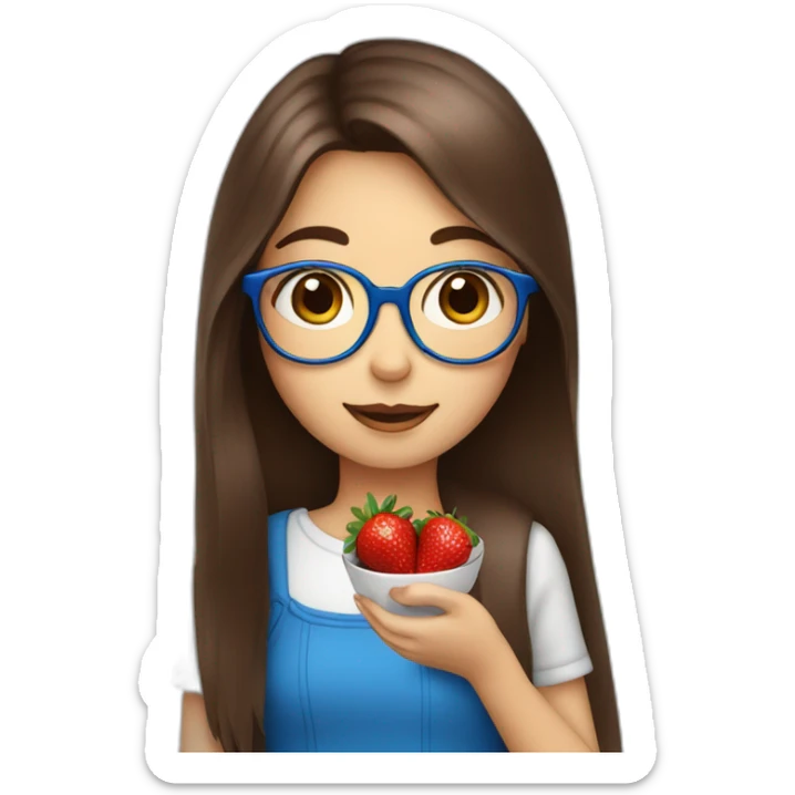 Glasses girl with long brown hair with blue in between hair eating chocolate strawberry sticker