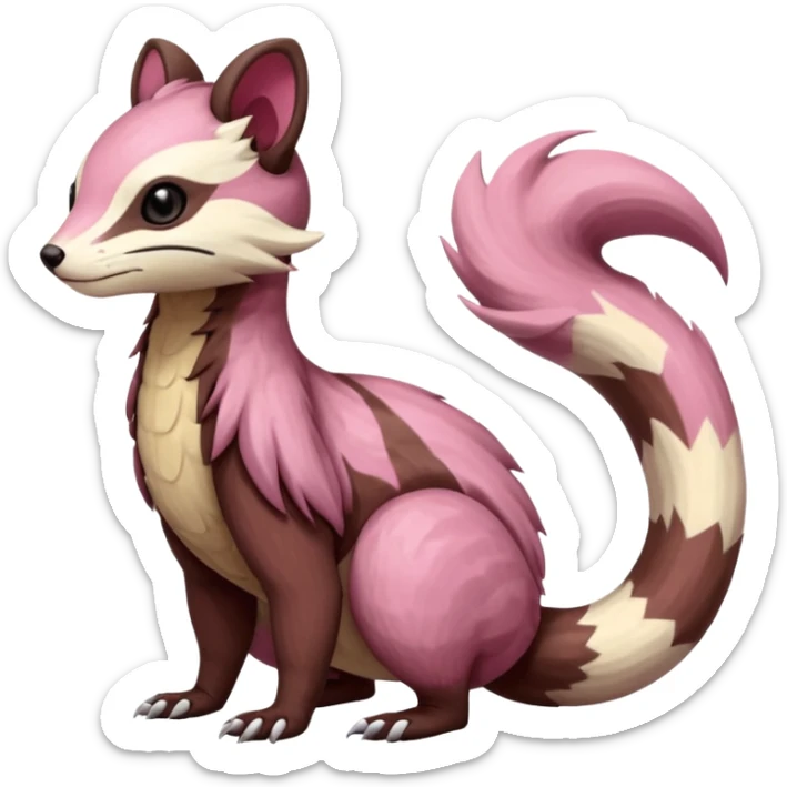 Rare realistic brown-scaled pink, white beige edgy badass epic pretty beautiful handsome gorgeous aesthetic colorful vibrant Vernid-Furret-Linoone-Salandit-Amaura-species-Fakemon-creature by LiLaiRa, random markings, (full body) sticker